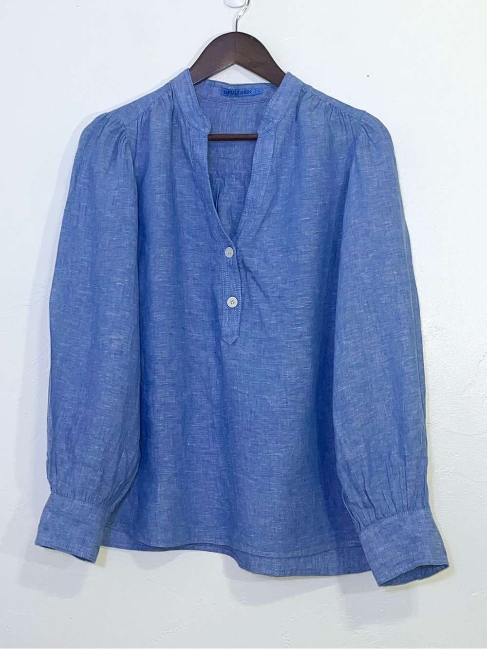 J McLaughlin Rashell Linen Blouse Blue Split V-Neck Puff Lantern Sleeve Top L - Picture 3 of 9